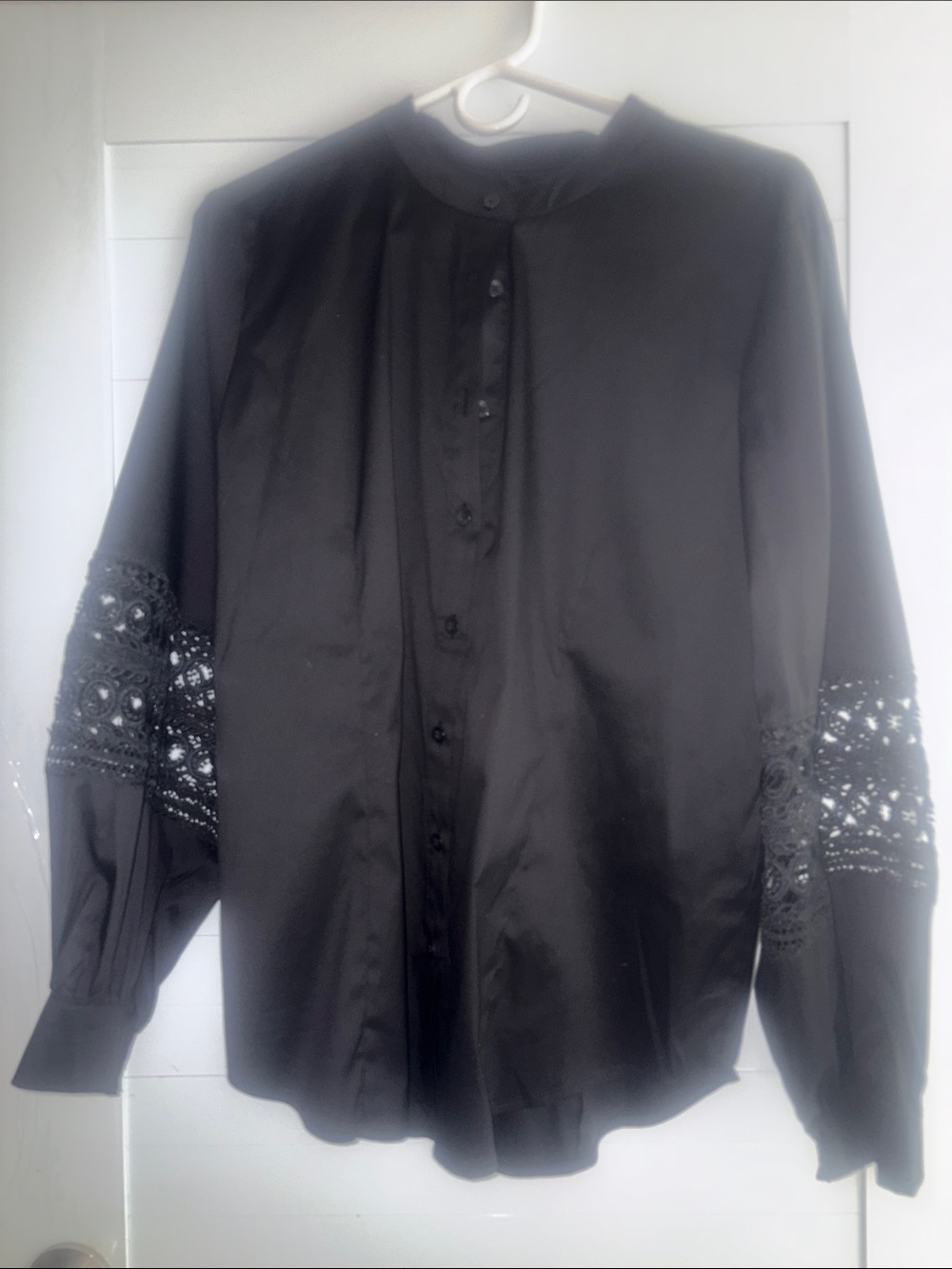 Chico's Black Button-Front Blouse with Lace Sleeve Panels